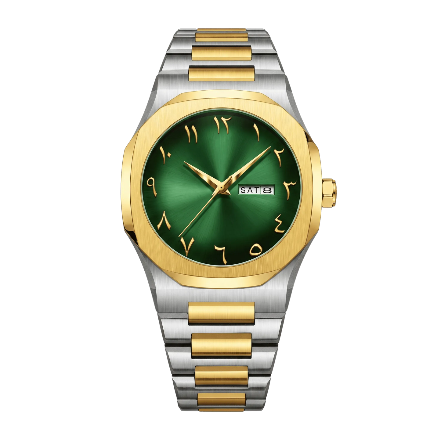 Montre homme sport luxe octogonale bicolore or et acier cadran vert 43mm