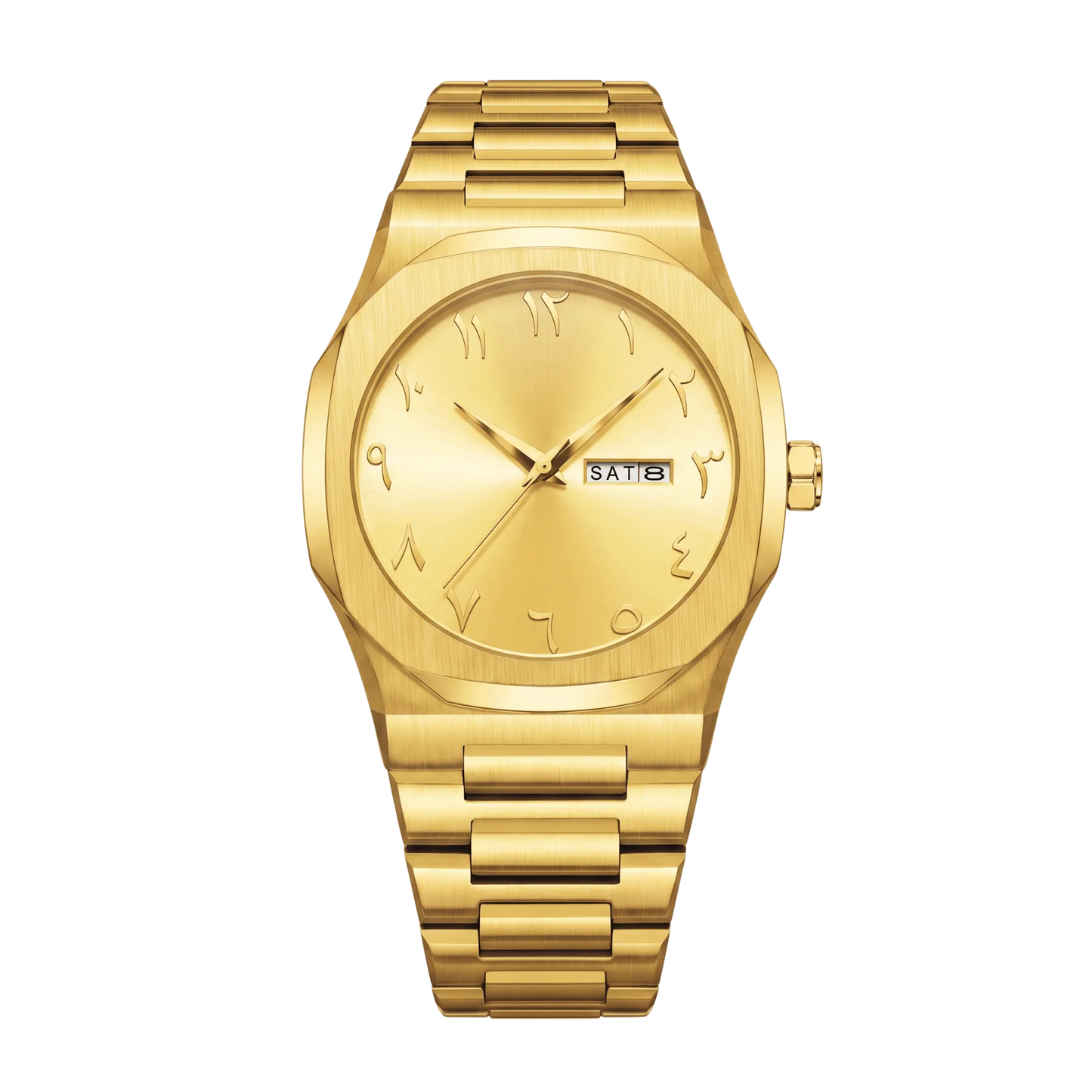 Montre homme sport luxe lunette octogonale dorée cadran or bracelet acier 43mm