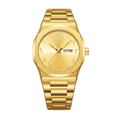 Montre homme sport luxe lunette octogonale dorée cadran or bracelet acier 43mm