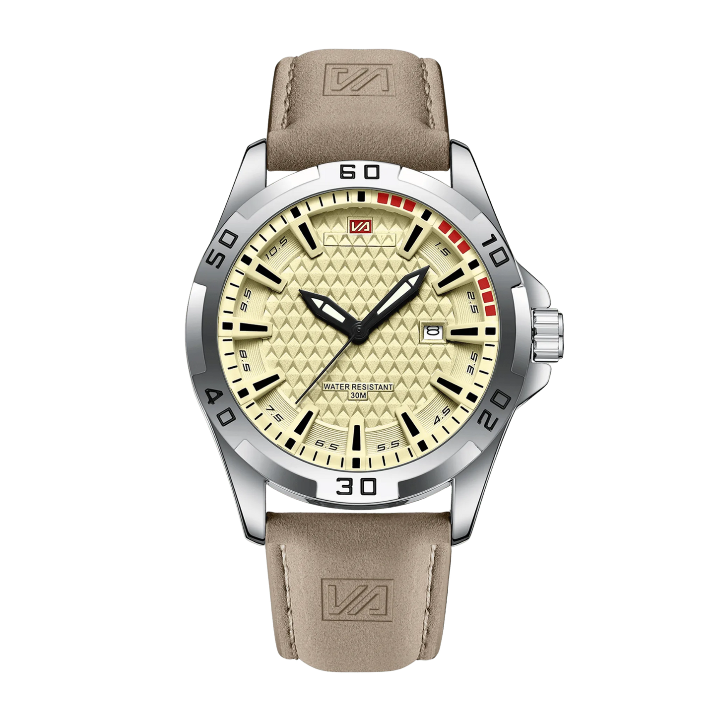 Montre homme sport luxe cadran champagne doré bracelet cuir beige 45mm