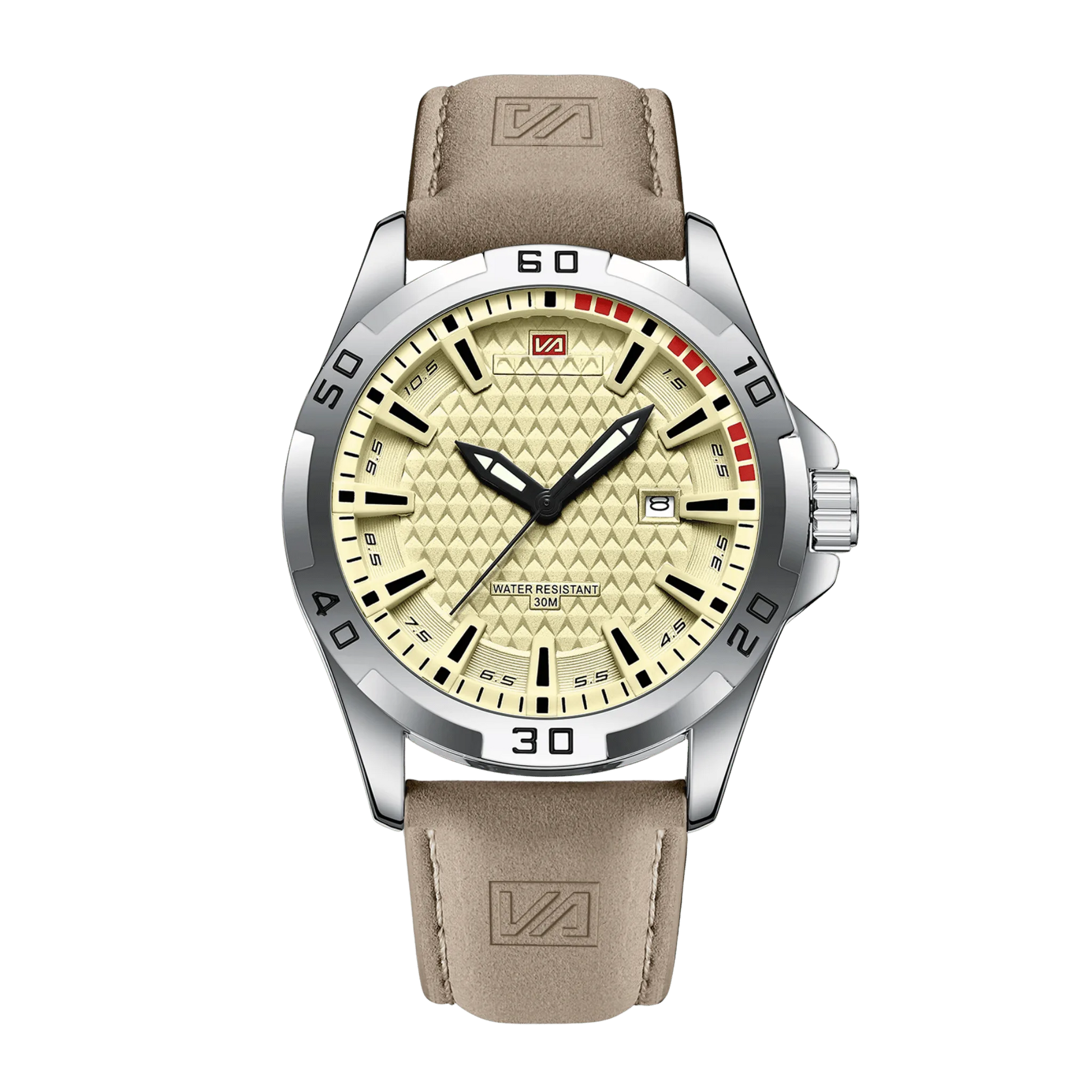 Montre homme sport luxe cadran champagne doré bracelet cuir beige 45mm