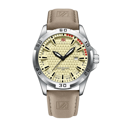 Montre homme sport luxe cadran champagne doré bracelet cuir beige 45mm