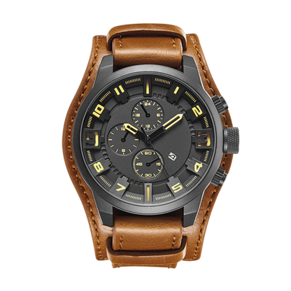 Montre homme sport cadran noir bracelet cuir marron 44mm