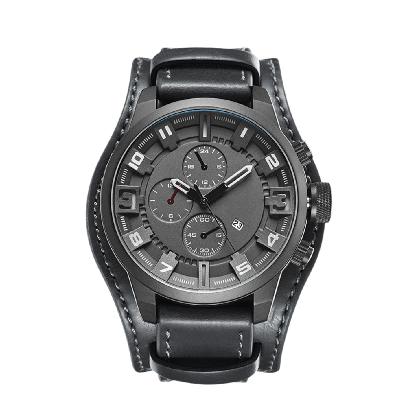 Montre homme sport cadran gris bracelet cuir foncé 44mm