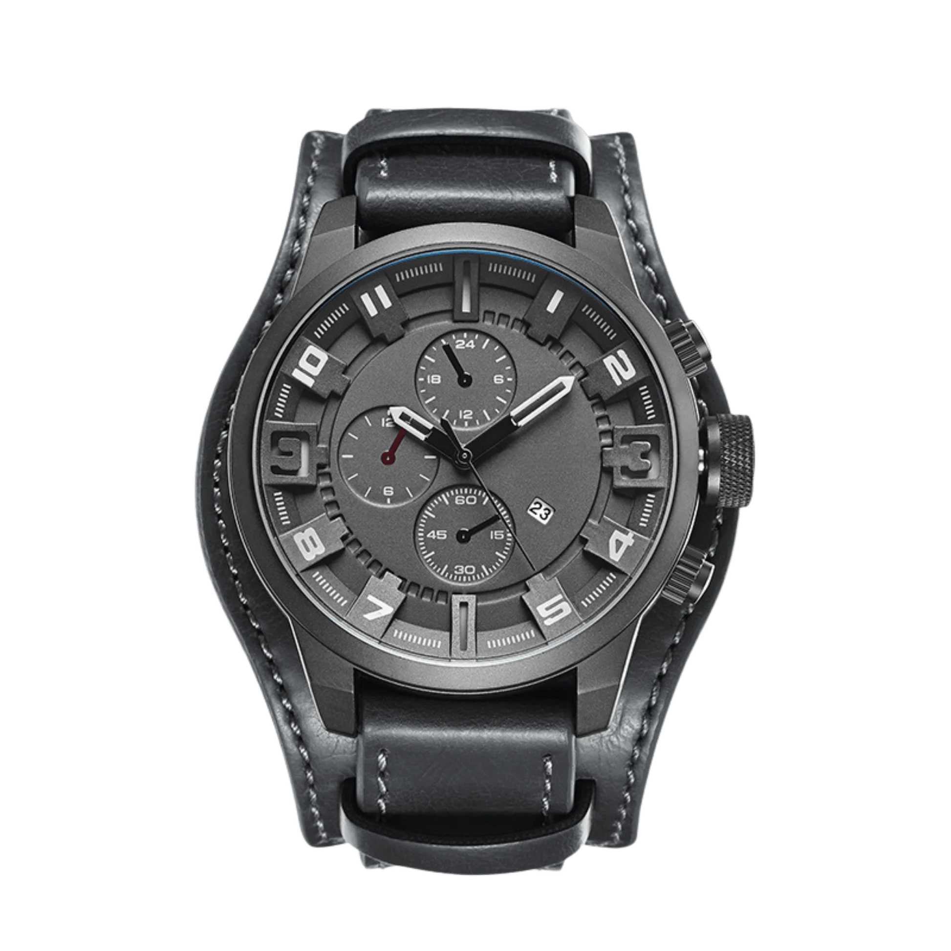 Montre homme sport cadran gris bracelet cuir foncé 44mm