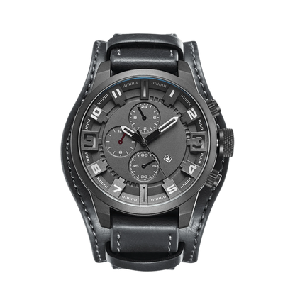 Montre homme sport cadran gris bracelet cuir foncé 44mm