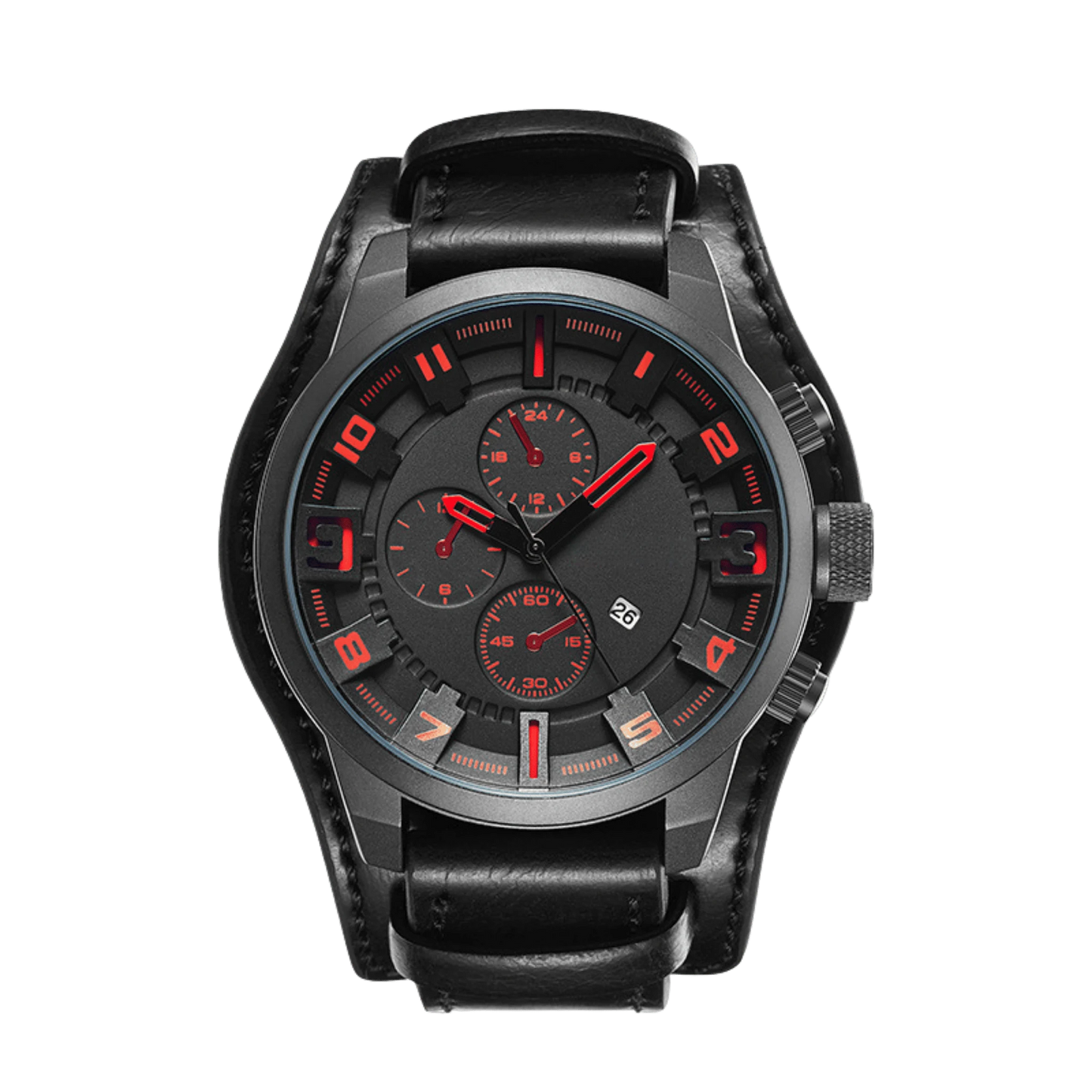 Montre homme sport cadran noir accents rouges bracelet cuir 44mm
