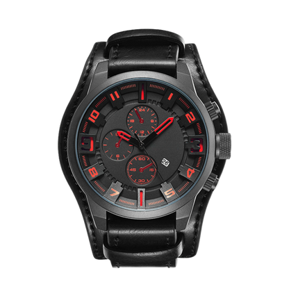 Montre homme sport cadran noir accents rouges bracelet cuir 44mm