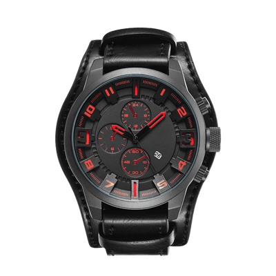 Montre homme sport cadran noir accents rouges bracelet cuir 44mm