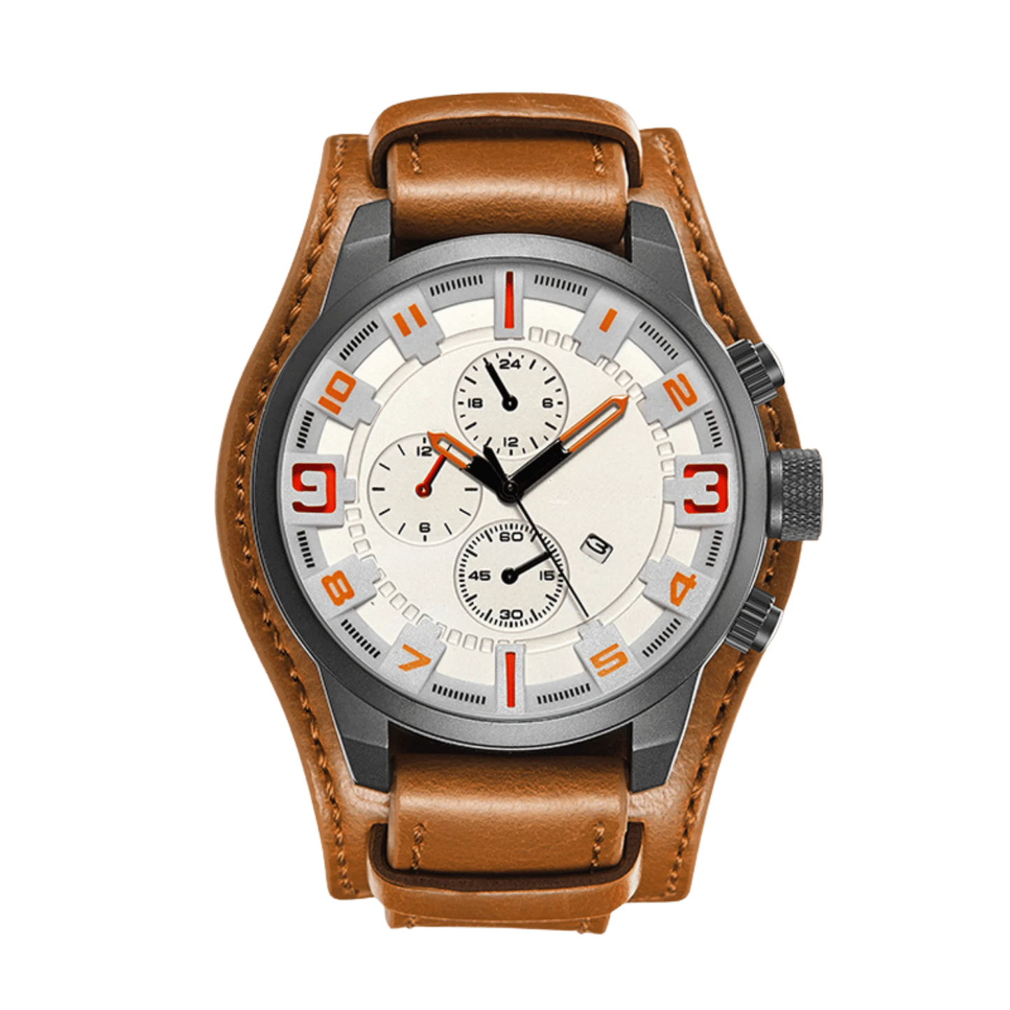 Montre homme sport rose gold cadran blanc bracelet cuir marron 44mm