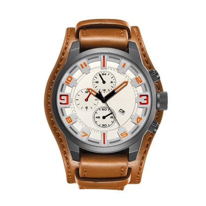 Montre homme sport rose gold cadran blanc bracelet cuir marron 44mm